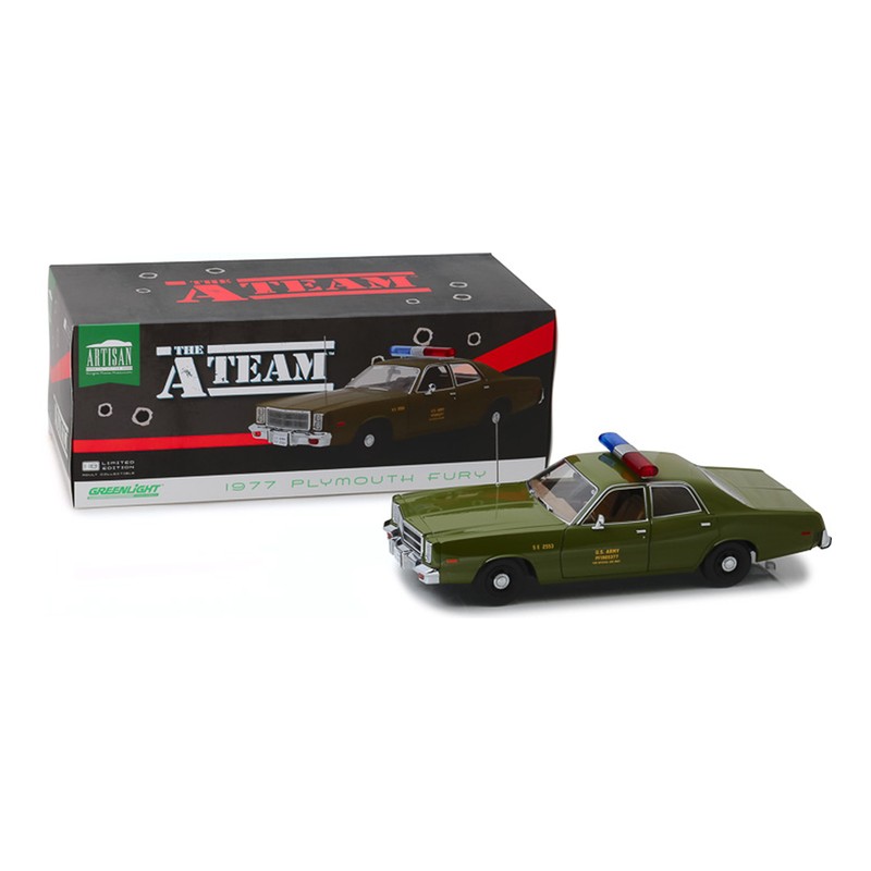 GREEN LIGHT COLLECTIBLES A-TEAM - 1977 PLYMOUTH FURY U.S. ARMY POLICE COLONEL RODERICK DECKER 1/18 DIECAST MODEL FIGURE