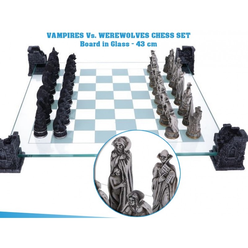 NEMESIS NOW GLASS AND RESIN VAMPIRES VS WEREWOLVES CHESS SET