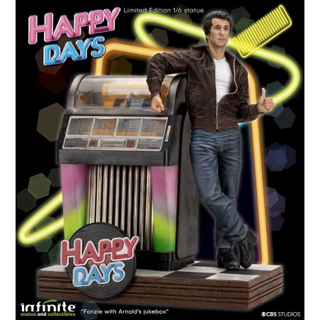HAPPY DAYS FONZIE WITH JUKEBOX STATUA 30 CM 1/6 OLD AND RARE RESINA FIGURE