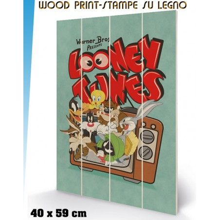 LOONEY TUNES RETRO TV WOOD PRINT STAMPA SU LEGNO 40 X 60 CM